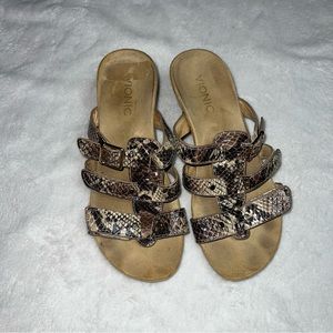 Vionic Wedge Sandals Adjustable Triple Strap Natural Snakeskin Slides Radia